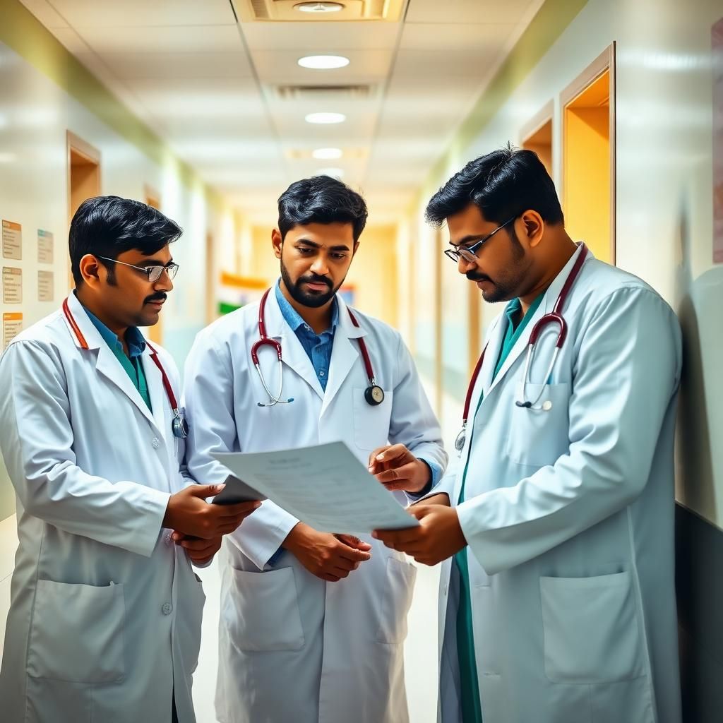 Indian doctors reviewing a patient chart in a tertiary hospital corridor