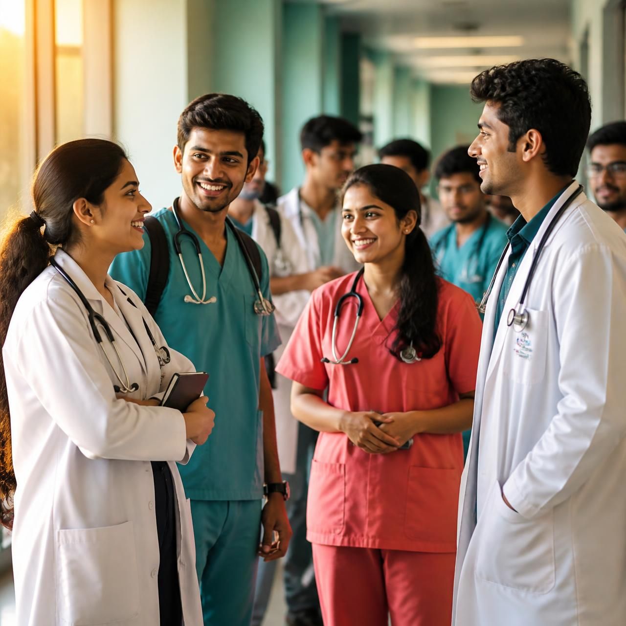 Group of Indian MBBS students, interns and junior doctors in white coats walking through a sunlit hospital corridor, stethoscopes around their necks